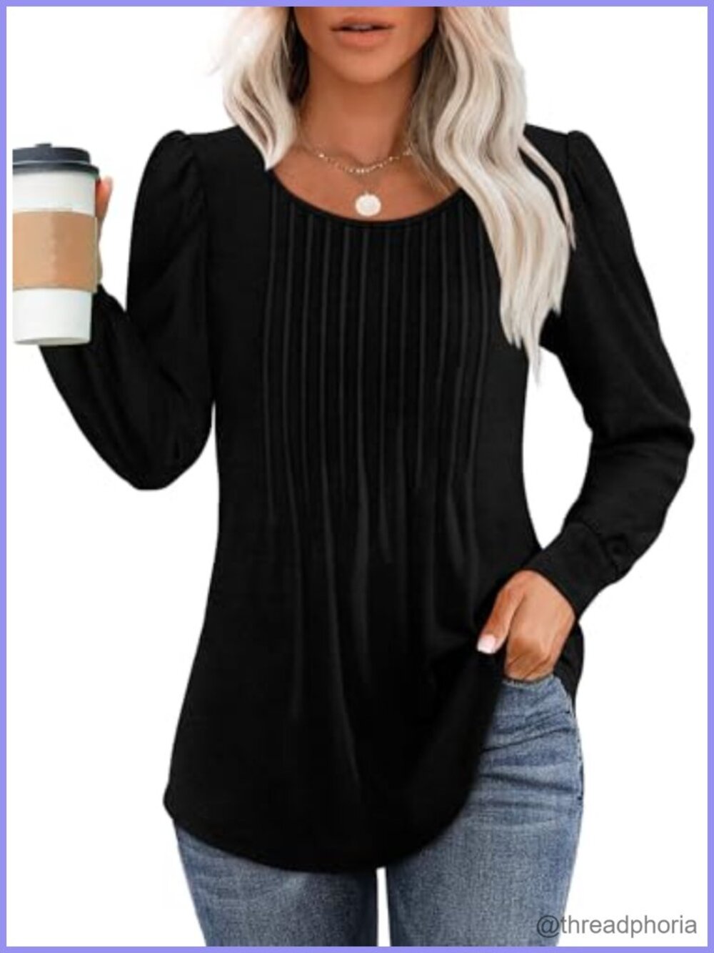 Women's Long Sleeve Pleated Scoop Neck Tunic Top for Leggings